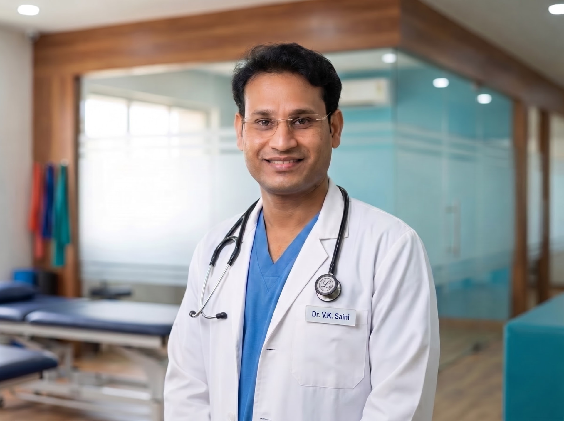 Dr. V.K. Saini, PT at the rehabilitation area of the clinic